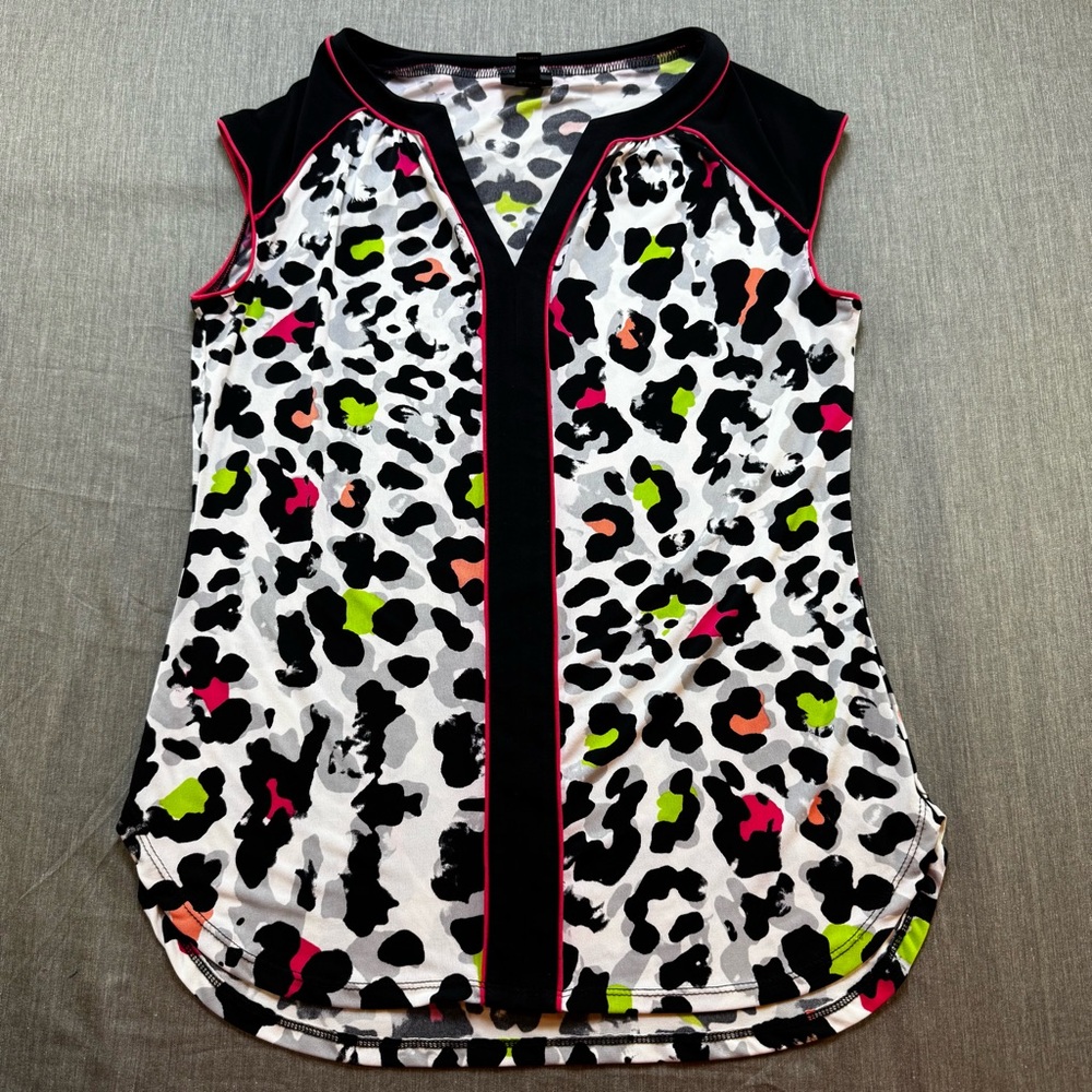 Worthington Animal Print Top Blouse Small Pink Green Orange V Neck Sleeveless
